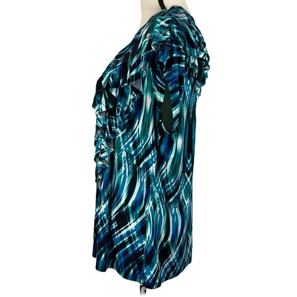 Worthington 1X-Large Top Cap Sleeves Stretch Ruffled Scoop Neck Abstract Multi - Picture 5 of 7